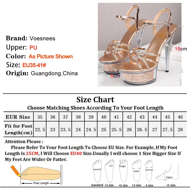 Golden High Heels 15cm Platform 5cm Women's Shoes Thin Heels Round Toe Ladies Pumps Narrow Band Ankle Buckle Sandals Party Shoes