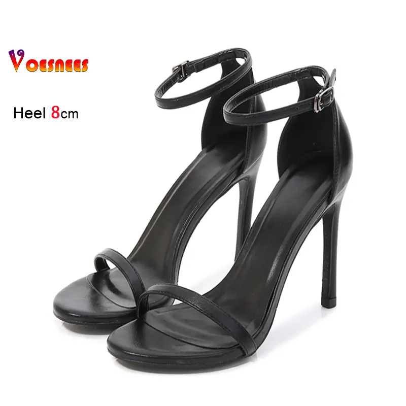 Basic Summer Outdoors Cover Heel Sandals Woman Thin Strip Ankle Strap simple Office Career Shoes 6CM 8CM 10CM Black High Heels