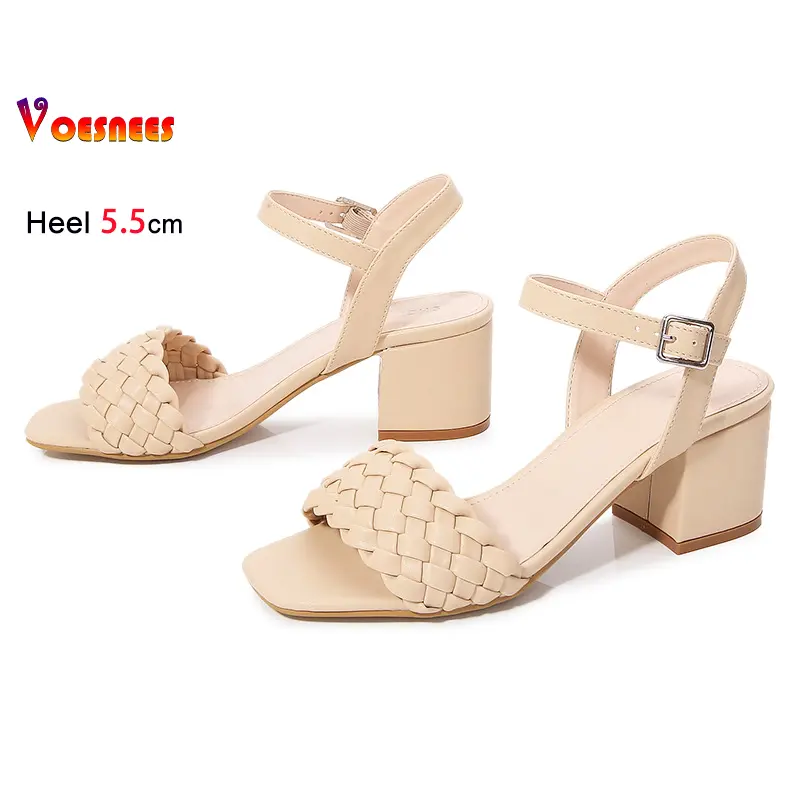 Black Sandals Women 5.5CM Block High heels Summer New Outdoors Walking Weave Sandals Square Toe Solid color Fashion Ladies Shoes