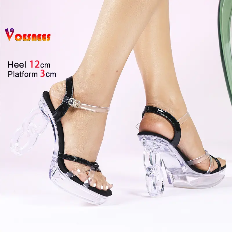 Sexy Sandals For Woman 12CM Crystal Platform 2025 Summer Square Toe Party Shoes Women Fashion Narrow-band Transparent High Heels