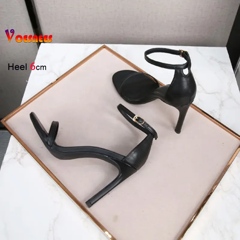 Basic Summer Outdoors Cover Heel Sandals Woman Thin Strip Ankle Strap simple Office Career Shoes 6CM 8CM 10CM Black High Heels