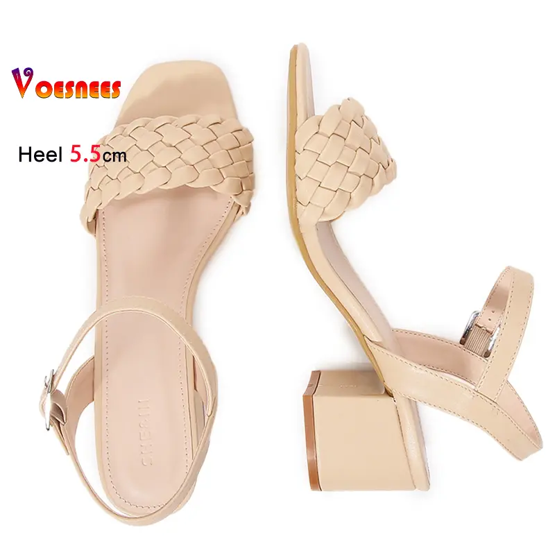 Black Sandals Women 5.5CM Block High heels Summer New Outdoors Walking Weave Sandals Square Toe Solid color Fashion Ladies Shoes
