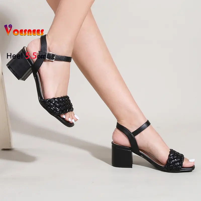 Black Sandals Women 5.5CM Block High heels Summer New Outdoors Walking Weave Sandals Square Toe Solid color Fashion Ladies Shoes