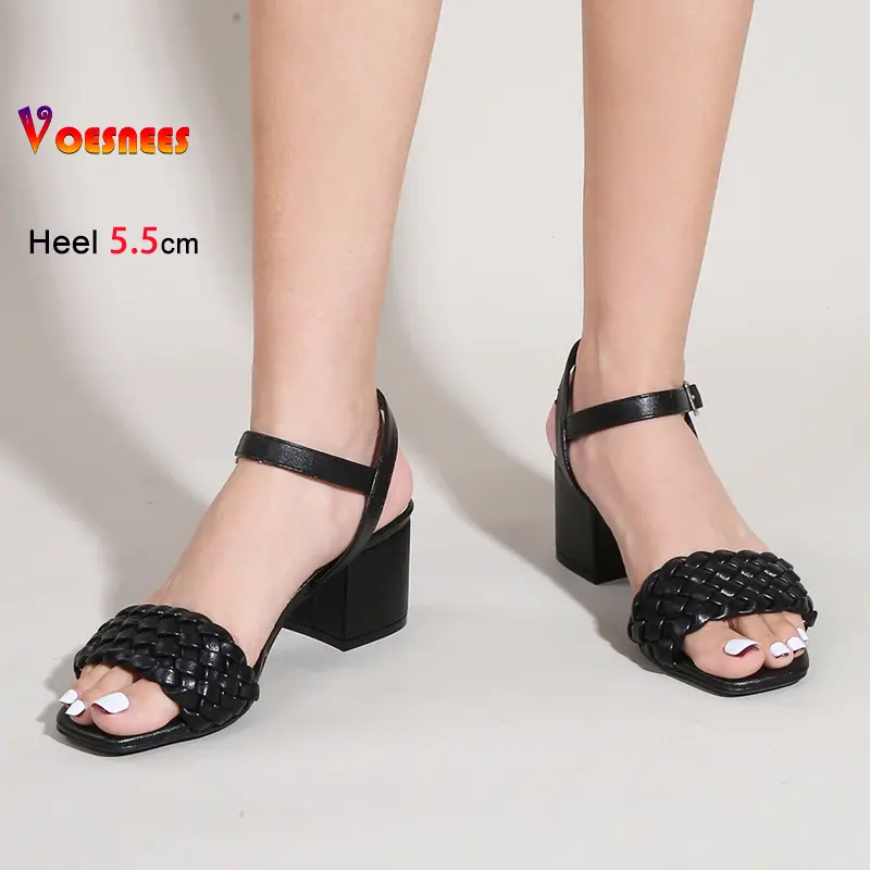 Black Sandals Women 5.5CM Block High heels Summer New Outdoors Walking Weave Sandals Square Toe Solid color Fashion Ladies Shoes