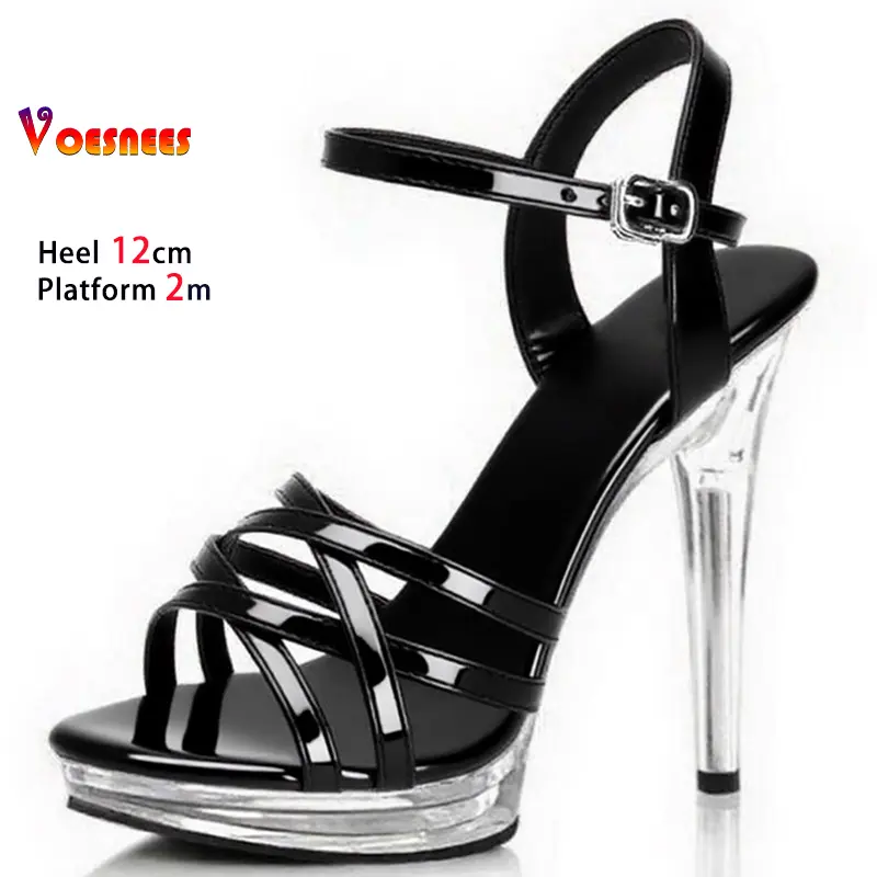 Golden High Heels 12cm Platform 2cm Women's Shoes Thin Heels Round Toe Ladies Pumps Narrow Band Ankle Buckle Sandals Party Shoes