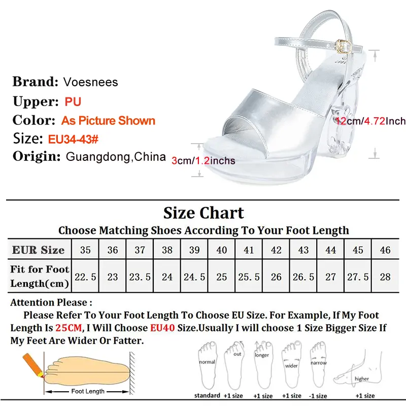 Women Sandals Square Toe Clear Heel 2CM Platform Summer Buckle Strap Ladies Shoes Plus Size 42 43 Strange Style 12CM High Heels