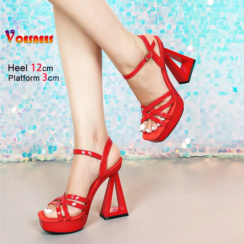 12CM Women's Square Toe Thick Platform Sandals Fashion Narrow-band Solide Strange style High Heels Summer Banquet Party Shoes
