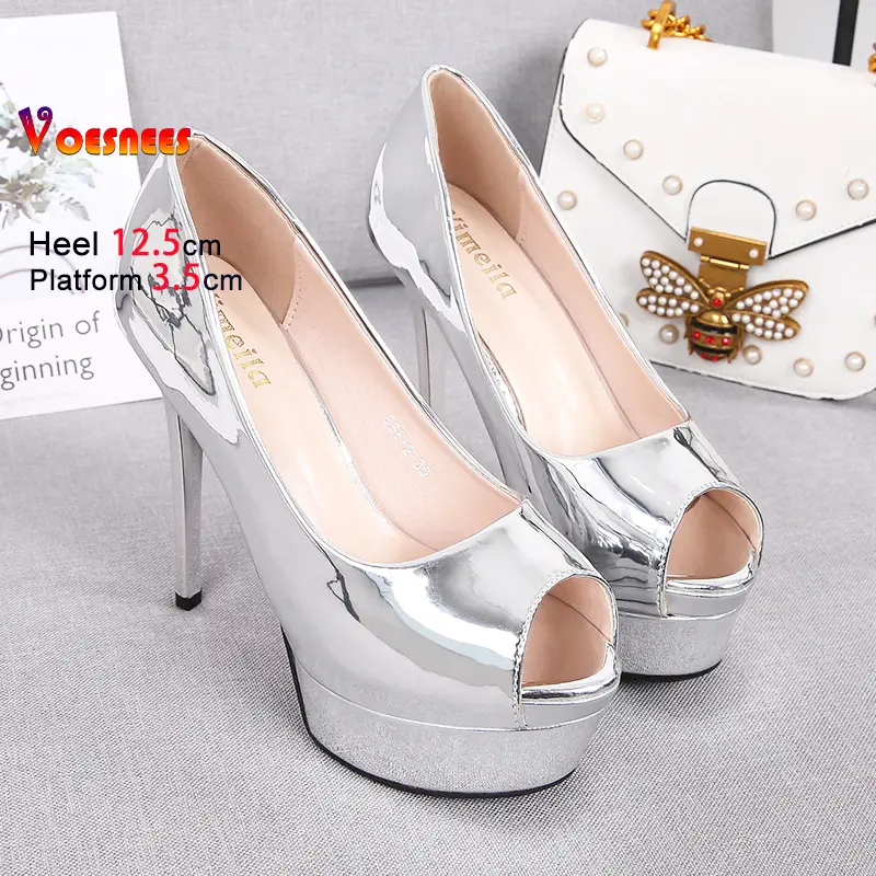 Peep Toe Single Shoes Women Banquet High Heels 12.5CM Stiletto Silvery Party Dress Shoes Spring Autumn Office Work Female Pumps