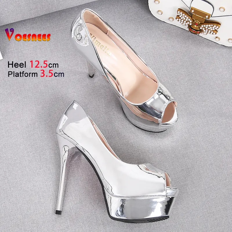 Peep Toe Single Shoes Women Banquet High Heels 12.5CM Stiletto Silvery Party Dress Shoes Spring Autumn Office Work Female Pumps