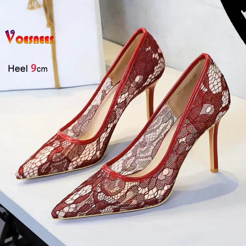 Sexy Flower Lace High Heels 2025 Summer Woman 9CM Thin Heel Temperament Banquet Single Shoes Pointed Toe Fashion Women's Pumps