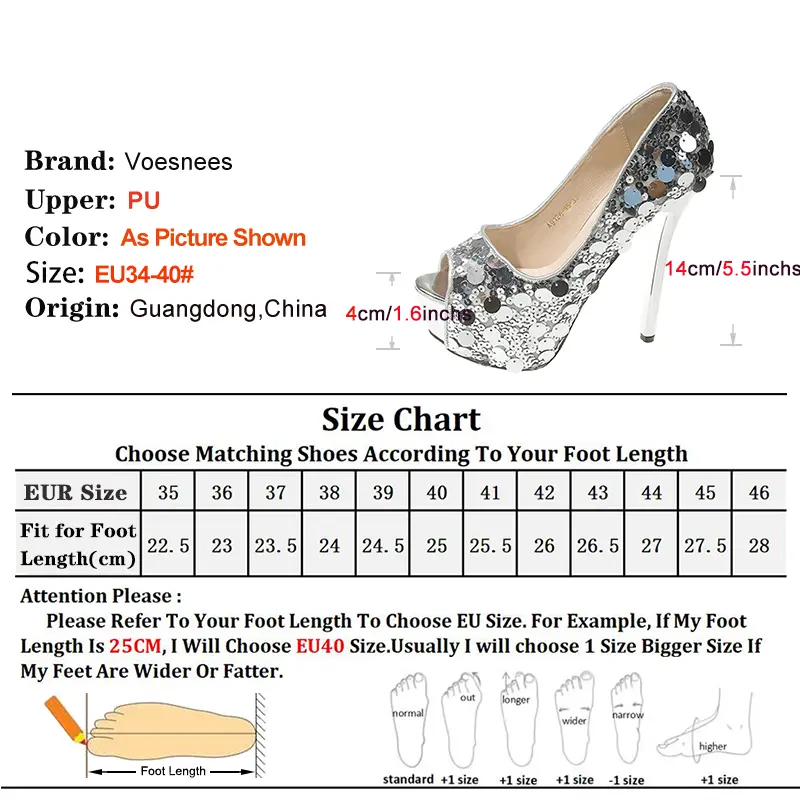 Women Peep Toe Pumps 4CM Platform Shallow Single Shoes 14CM Elegant Ladies Party High Heels Nightclub Dance Shoes With Sequin