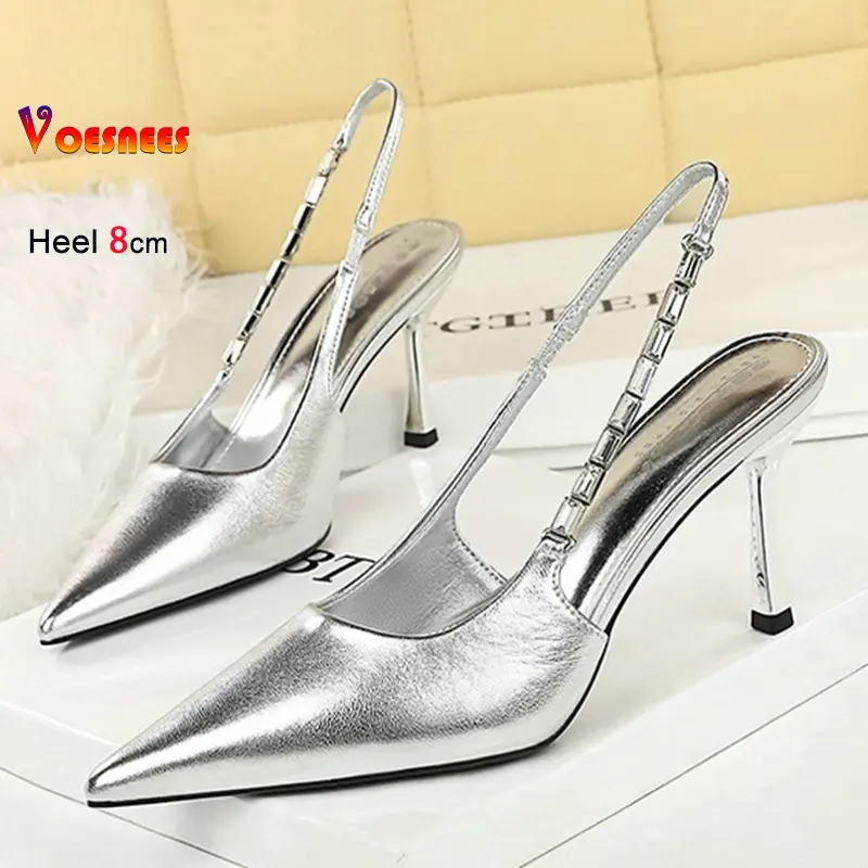 New Pointy Toe High Heels Designer 2025 Summer Slingback Elegant Shallow Party Shoes For Woman 8CM Stiletto Silvery Dating Pumps
