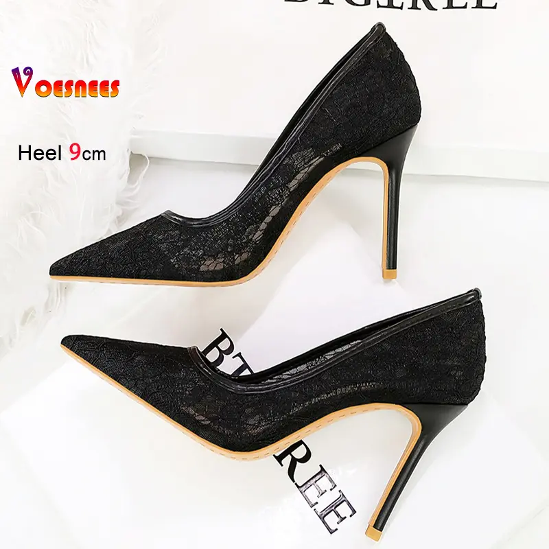 Sexy Flower Lace High Heels 2025 Summer Woman 9CM Thin Heel Temperament Banquet Single Shoes Pointed Toe Fashion Women's Pumps