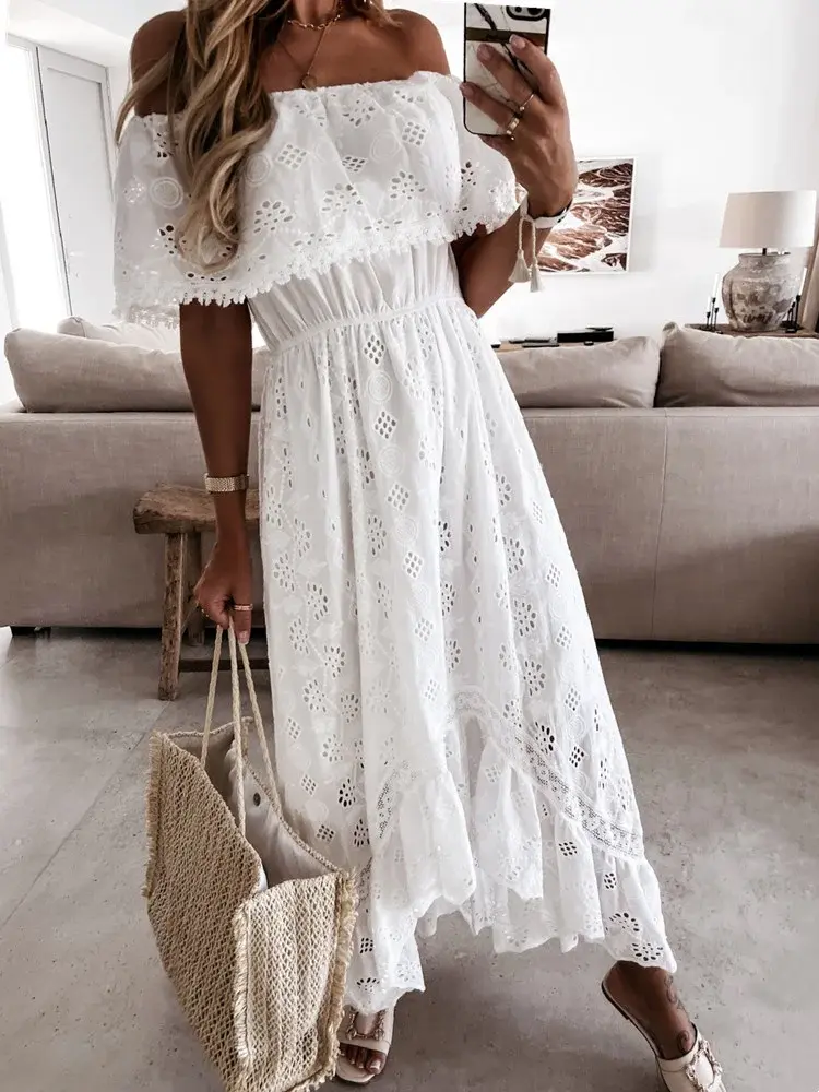 Women Bohemian White Long Dress Short Sleeve Off Shoulder Lace Ruffle Loose Dress Summer Holiday Beach Casual Dresses Female