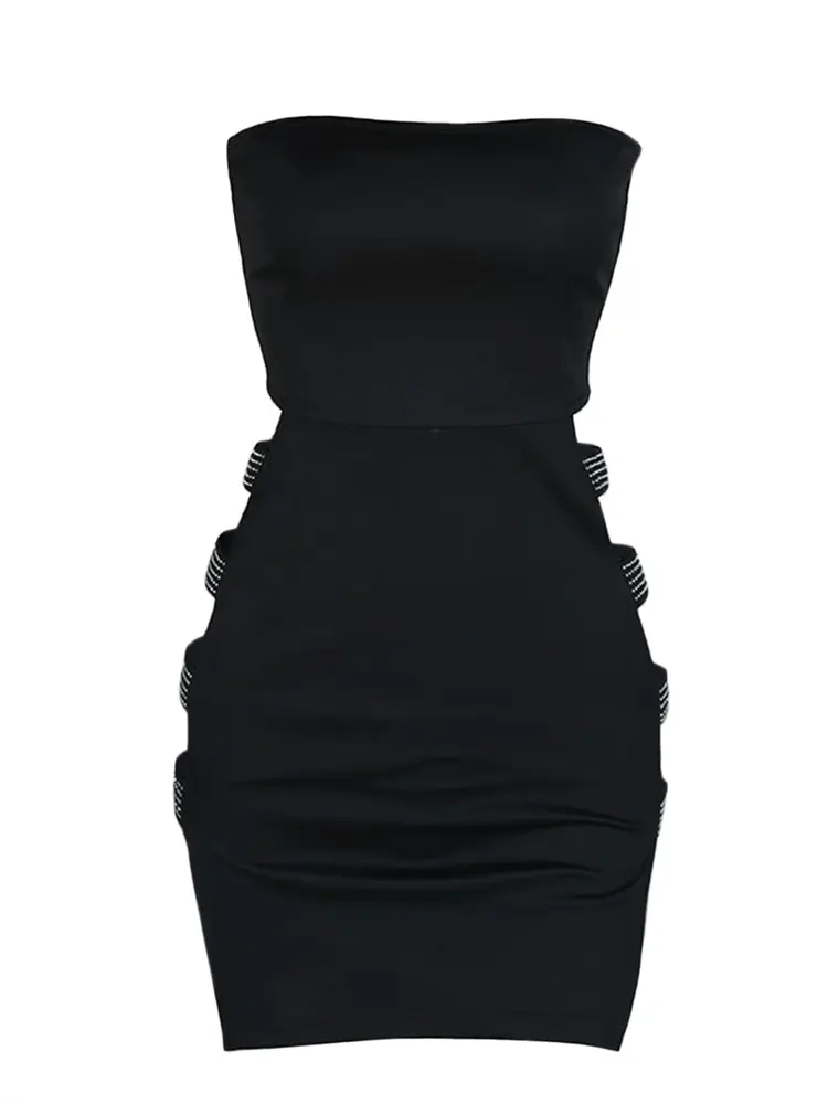 Women Sexy Pencil Dress Strapless Rhinestone Hollow Out Bodycon Short Dress Evening Party Club Elegant Summer Dresses