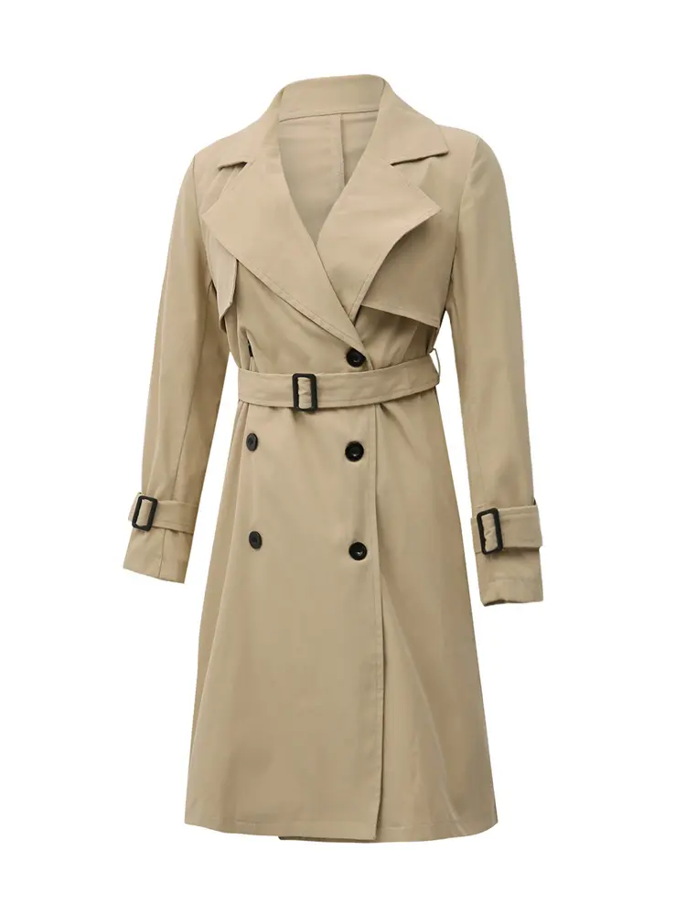 Women Fashion Long Trench Coats Solid Color Double-breasted Belted Windbreaker Fall Jackets Outerwear