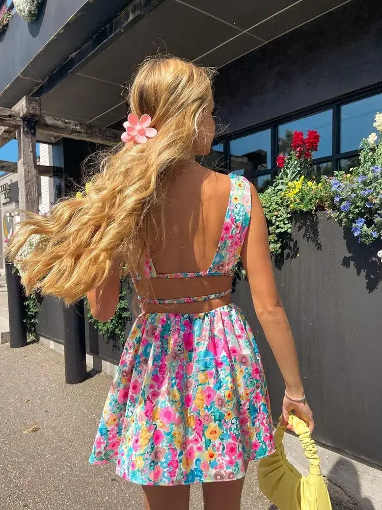 Women Summer Dress Flower Sleeveless Deep V Neck Backless Pleated Dress Bohemian Party Beach Sexy Elegant Dresses Female