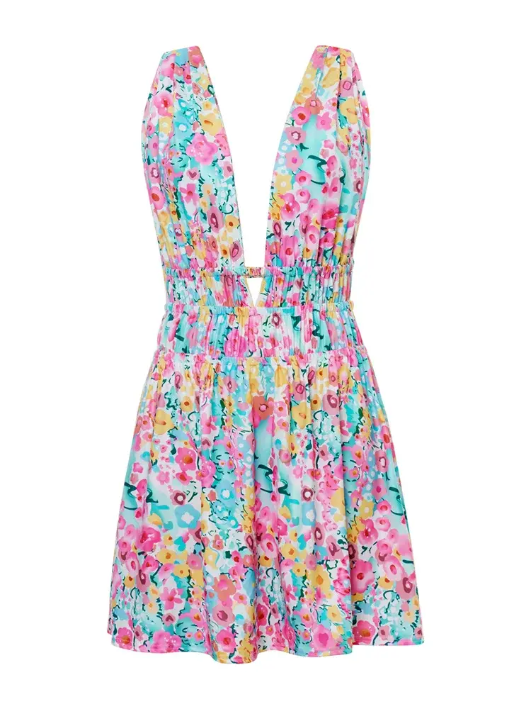 Women Summer Dress Flower Sleeveless Deep V Neck Backless Pleated Dress Bohemian Party Beach Sexy Elegant Dresses Female