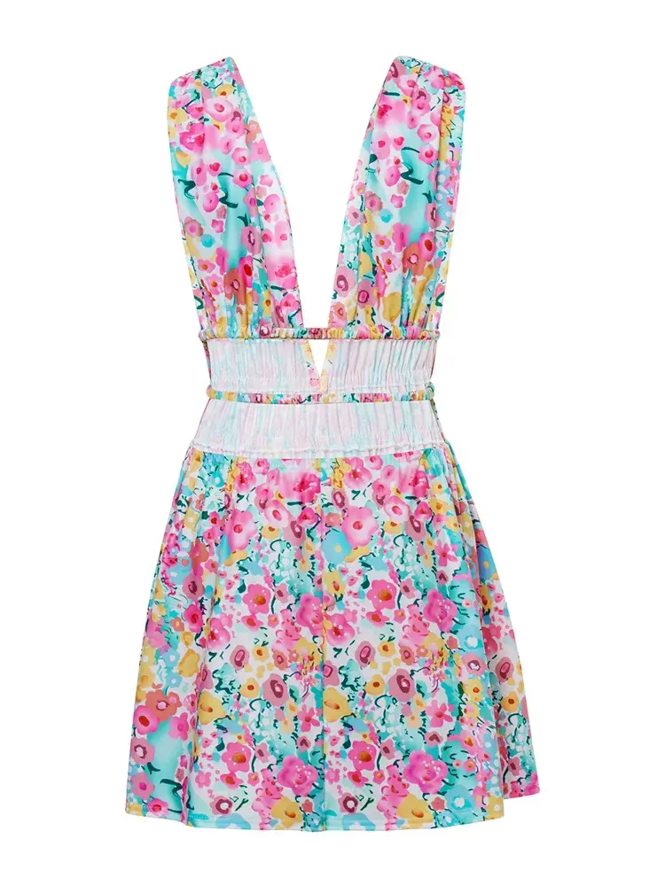 Women Summer Dress Flower Sleeveless Deep V Neck Backless Pleated Dress Bohemian Party Beach Sexy Elegant Dresses Female