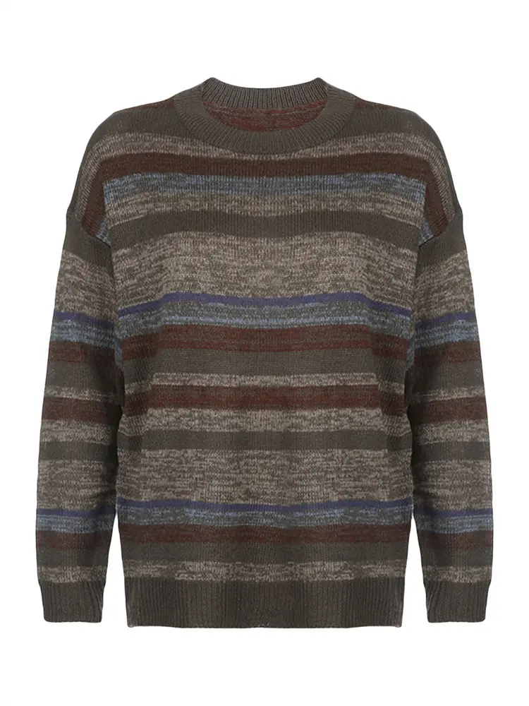 Women Sweater Vintage Long Sleeve Crew Neck Striped Knit Pullovers Tops Jumpers for Casual Daily Fall Winter