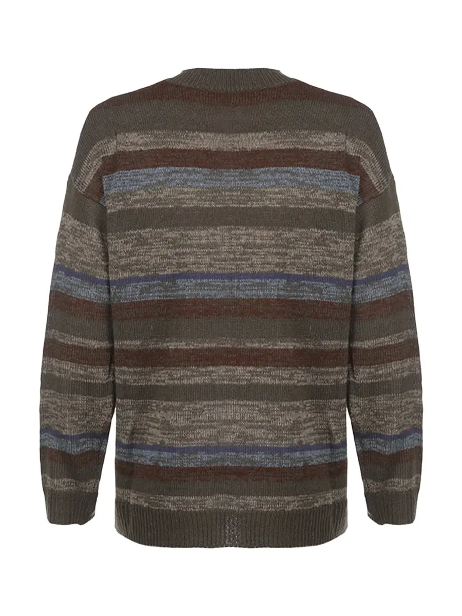 Women Sweater Vintage Long Sleeve Crew Neck Striped Knit Pullovers Tops Jumpers for Casual Daily Fall Winter