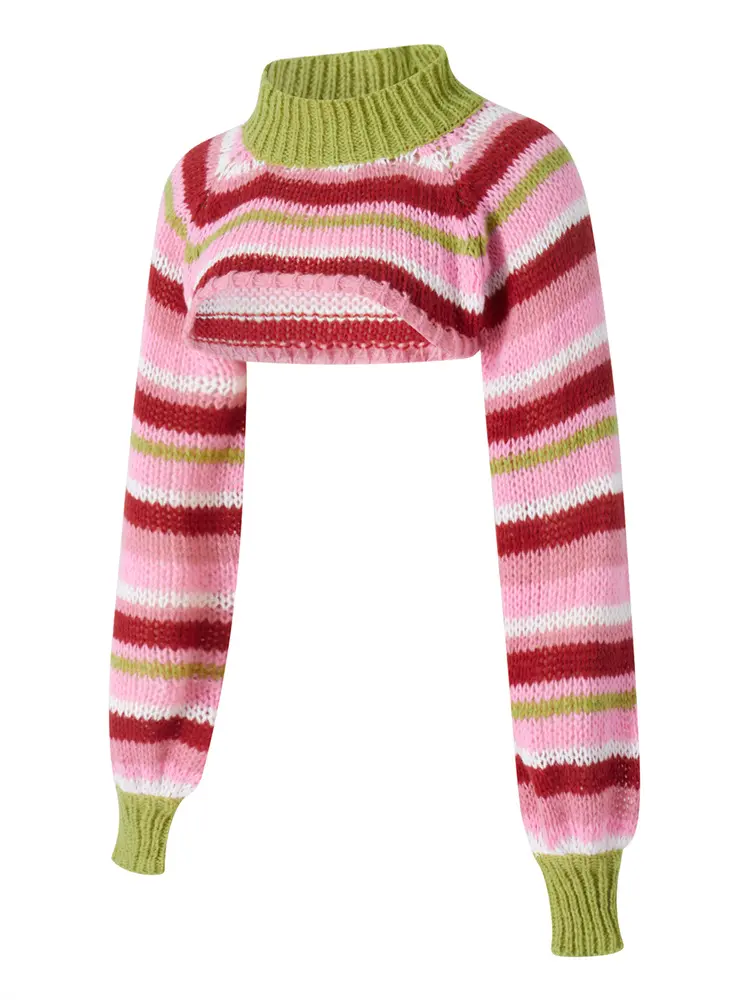 Women Knitted Sweater Casual Striped Loose Shrug Long Sleeves Mock Neck Pullover Crop Tops Fall Winter Jumpers Streetwear