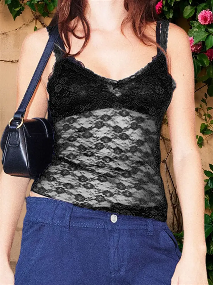 Women's Lace Camisole Top Spaghetti Strap V-Neck Sheer Mesh Tank Tops Summer Retro Casual Vest