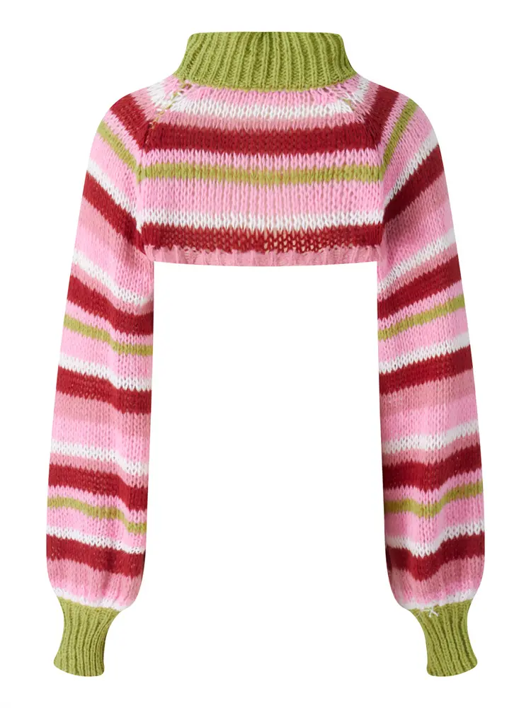 Women Knitted Sweater Casual Striped Loose Shrug Long Sleeves Mock Neck Pullover Crop Tops Fall Winter Jumpers Streetwear