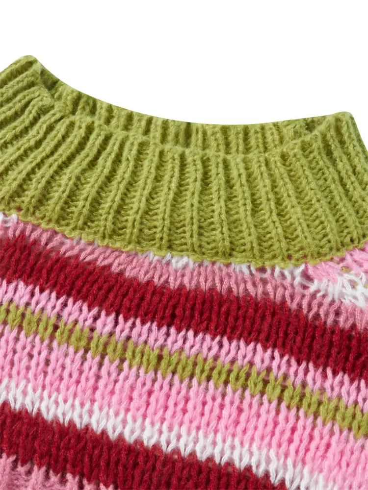 Women Knitted Sweater Casual Striped Loose Shrug Long Sleeves Mock Neck Pullover Crop Tops Fall Winter Jumpers Streetwear