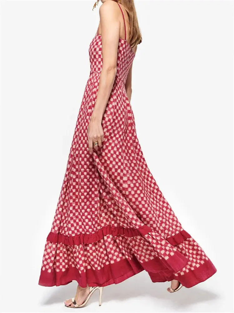 Women's Long Cami Dress Spaghetti Strap Checkerboard Print Loose Flowy Dress Summer Bohemian Holiday Party Elegant Dresses