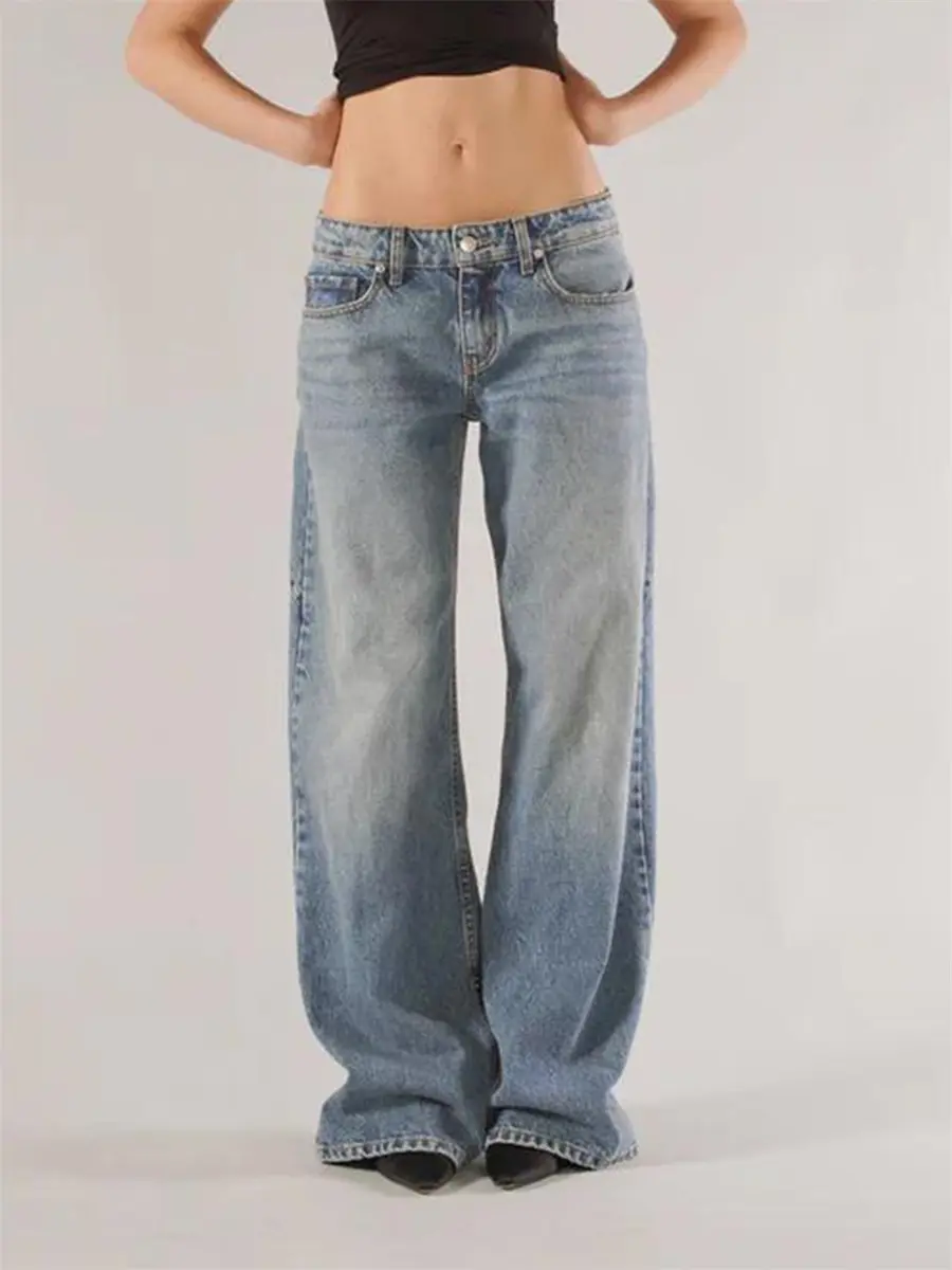 Women's Jeans with Pockets Fashion Loose Fit Casual Solid Low Rise Wide Leg Denim Pants