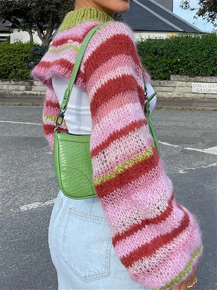 Women Knitted Sweater Casual Striped Loose Shrug Long Sleeves Mock Neck Pullover Crop Tops Fall Winter Jumpers Streetwear