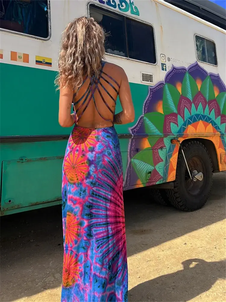 Women Summer Casual Long Dress Tie-Dye Print U-Neck Sleeveless Dress 2024 Fashion Cross Backless Dresses Bohemian Holiday Beach