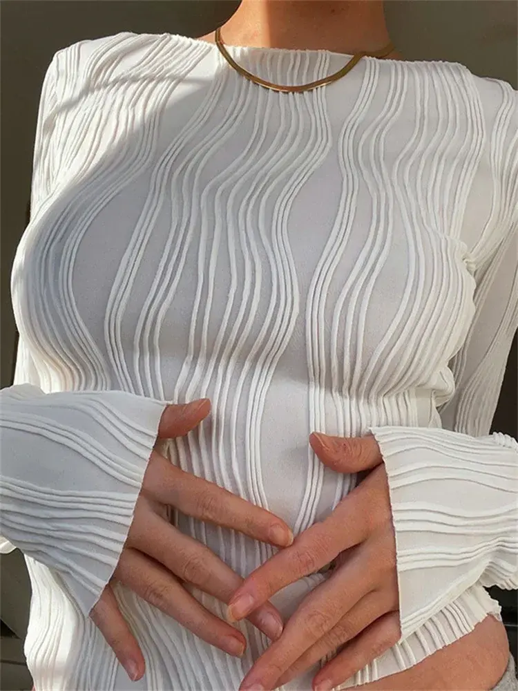 Women Autumn Tops Ribbed Knit Solid Color Shirts Long Sleeve Slim Fit Crop Tops Korean Fashion Casual Sweater Y2K Clothes