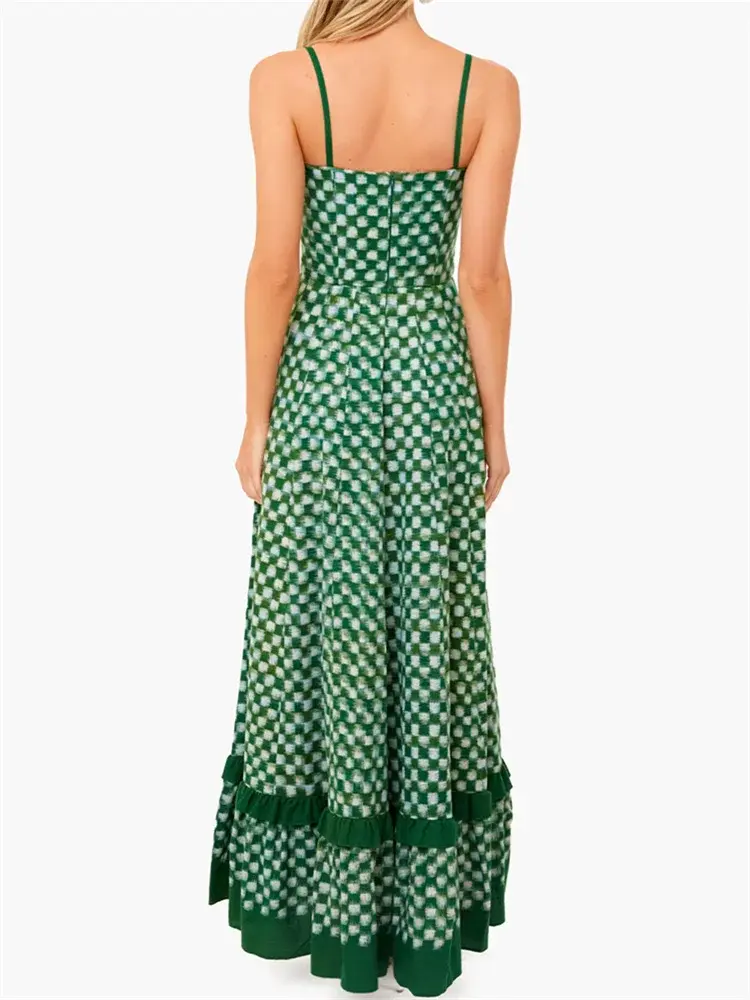 Women's Long Cami Dress Spaghetti Strap Checkerboard Print Loose Flowy Dress Summer Bohemian Holiday Party Elegant Dresses