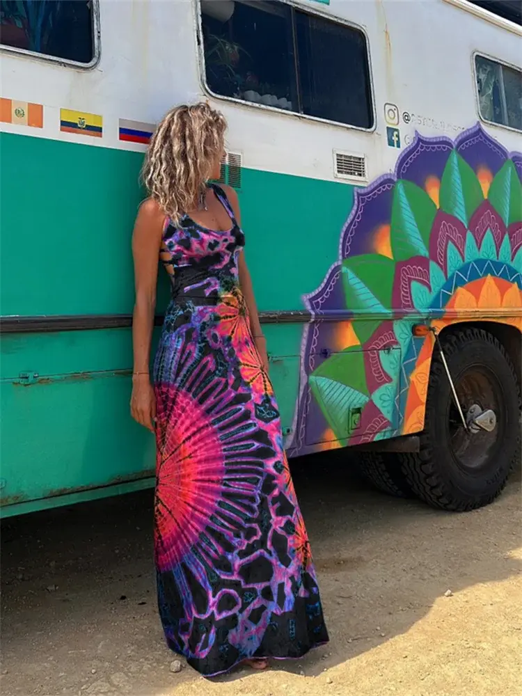 Women Summer Casual Long Dress Tie-Dye Print U-Neck Sleeveless Dress 2024 Fashion Cross Backless Dresses Bohemian Holiday Beach