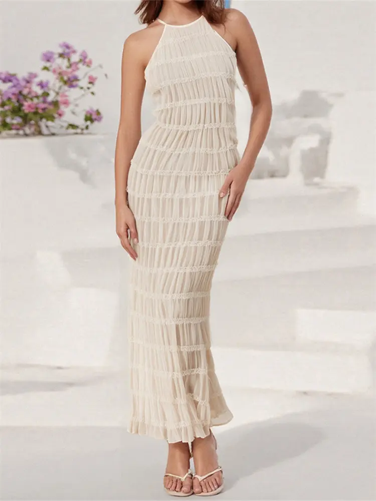 Women's Sleeveless Dress Halter Backless Ruched Bodycon Long Dress for Cocktail Party Elegant Sexy Dresses Solid Color