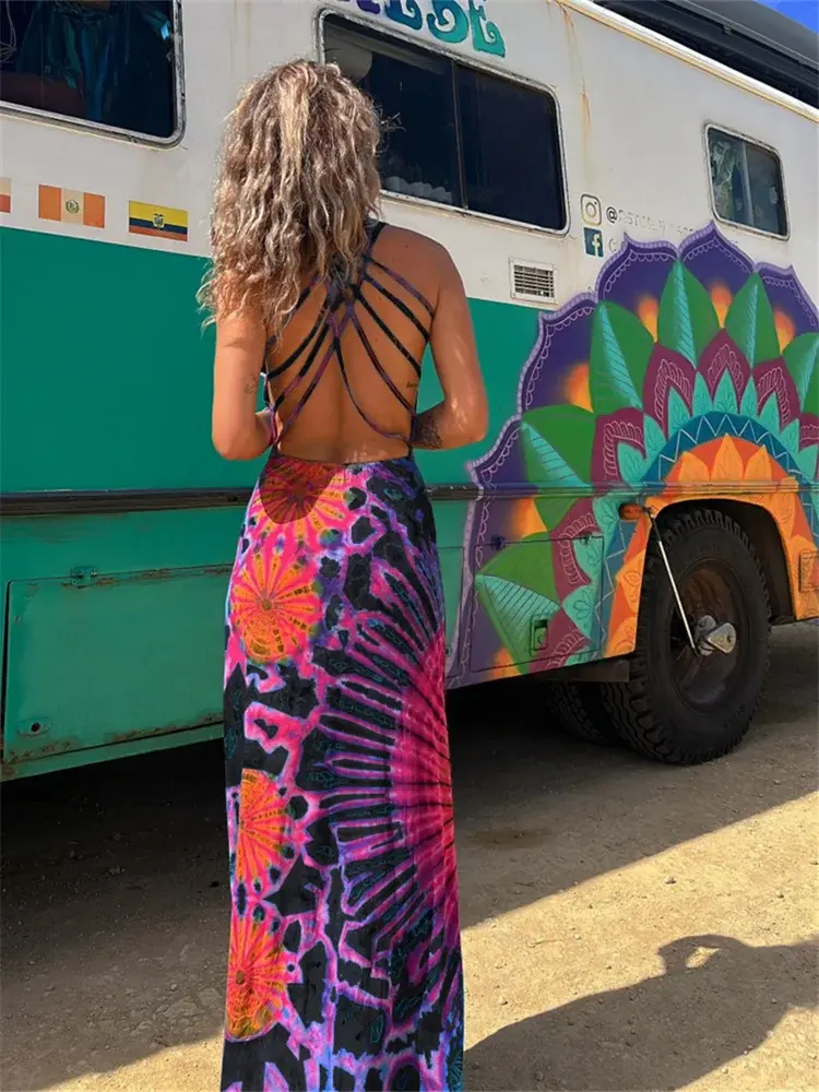 Women Summer Casual Long Dress Tie-Dye Print U-Neck Sleeveless Dress 2024 Fashion Cross Backless Dresses Bohemian Holiday Beach