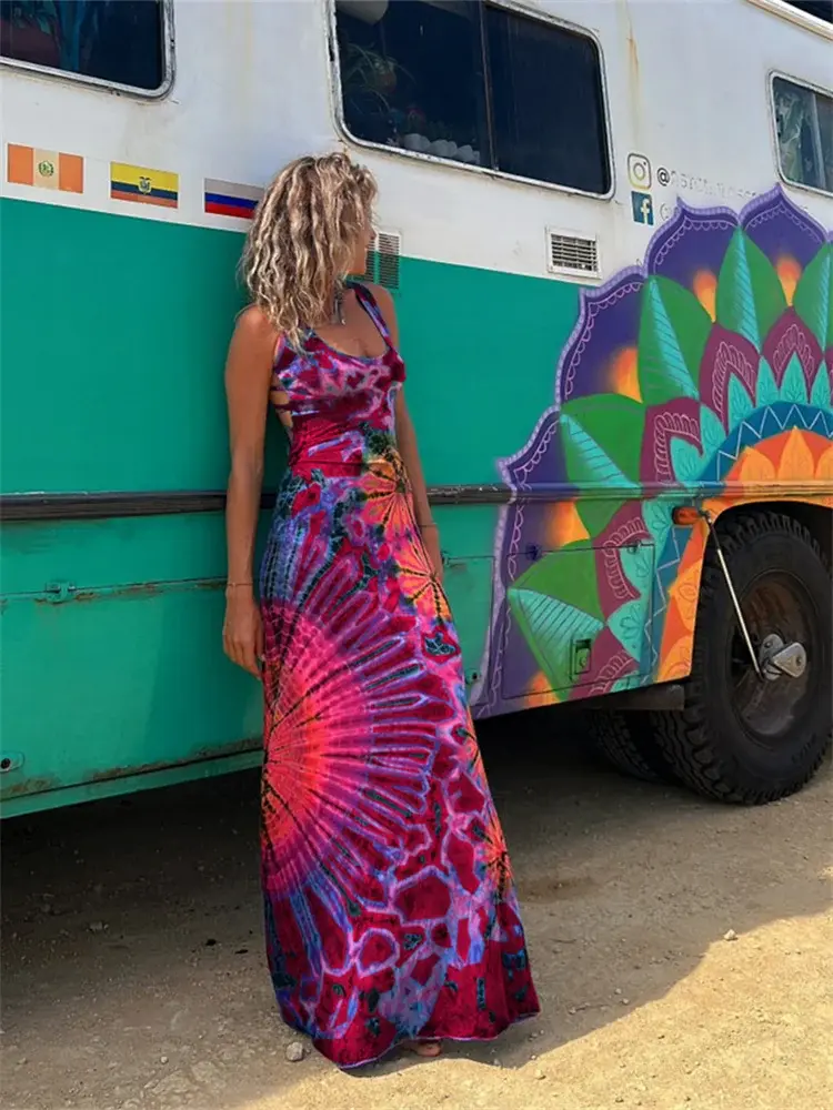 Women Summer Casual Long Dress Tie-Dye Print U-Neck Sleeveless Dress 2024 Fashion Cross Backless Dresses Bohemian Holiday Beach