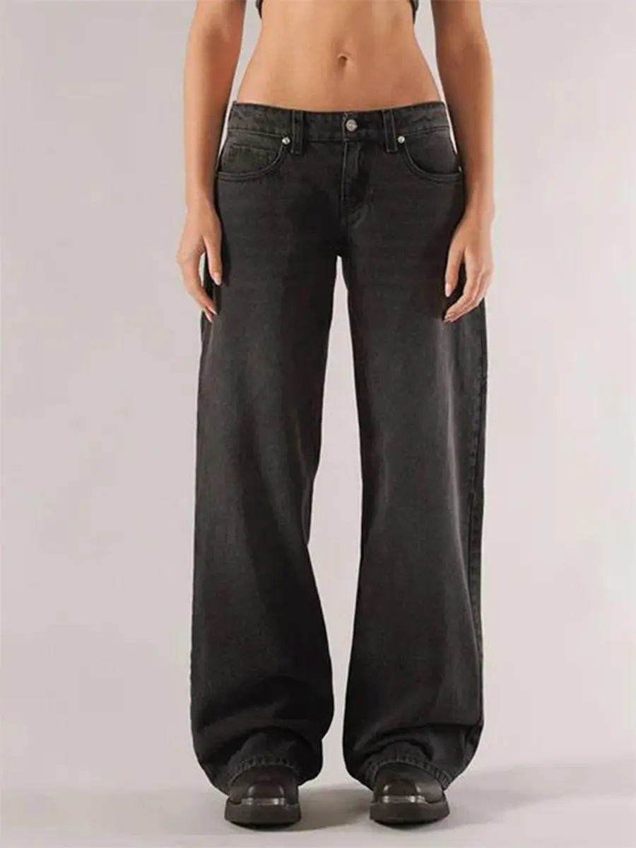 Women's Jeans with Pockets Fashion Loose Fit Casual Solid Low Rise Wide Leg Denim Pants