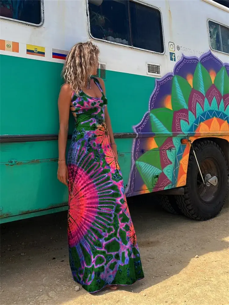 Women Summer Casual Long Dress Tie-Dye Print U-Neck Sleeveless Dress 2024 Fashion Cross Backless Dresses Bohemian Holiday Beach