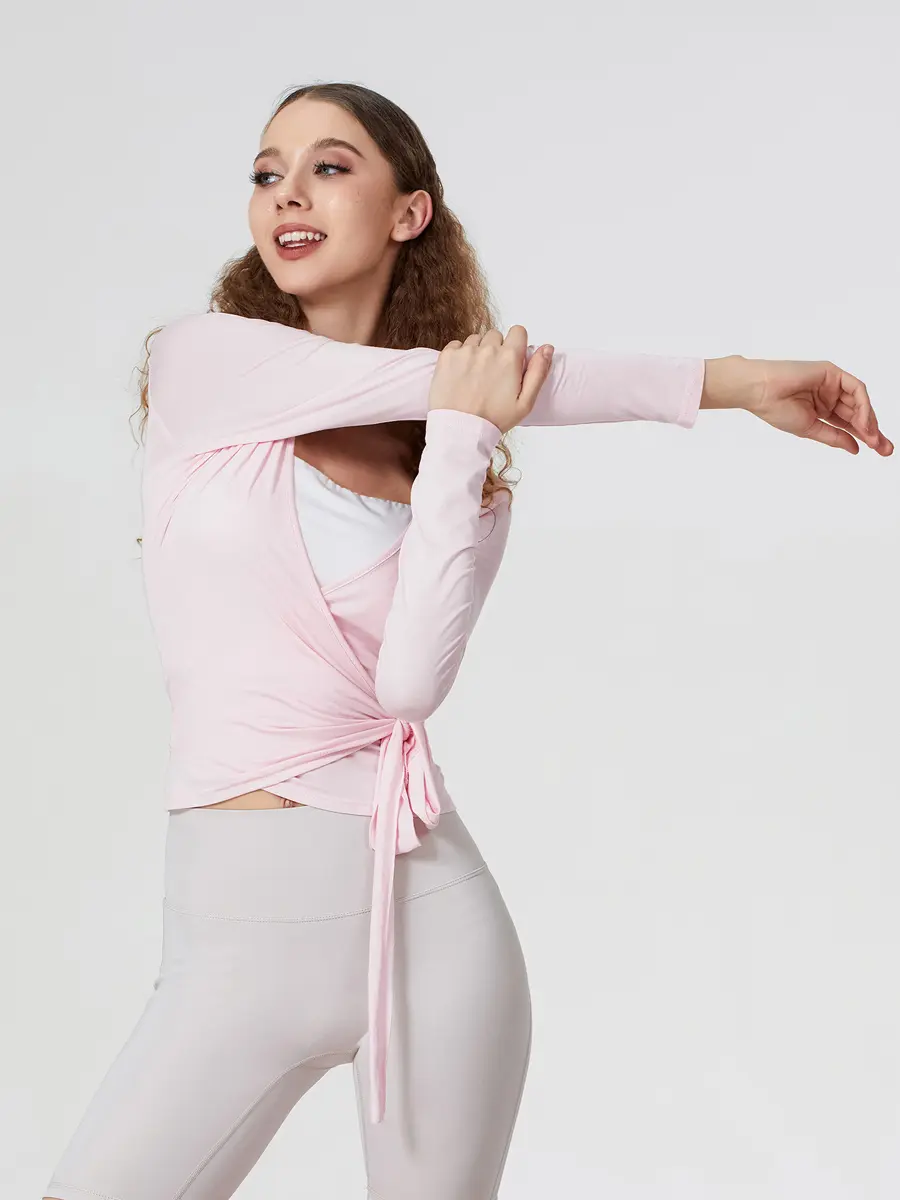 Women’s Cross Wrap Tie Tops Long Sleeve Deep V Neck Solid Color Slim Fit Shirts Workout Blouses Spring Fall