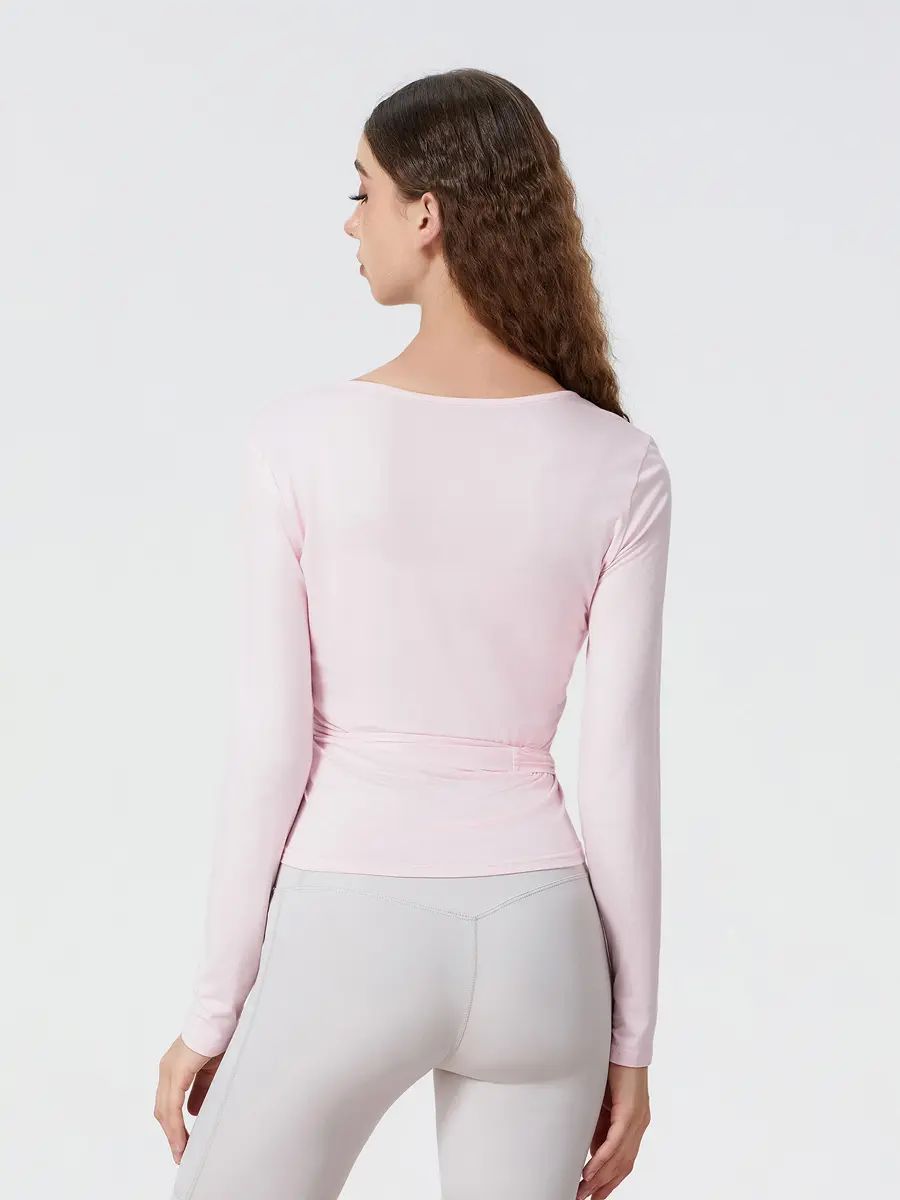 Women’s Cross Wrap Tie Tops Long Sleeve Deep V Neck Solid Color Slim Fit Shirts Workout Blouses Spring Fall