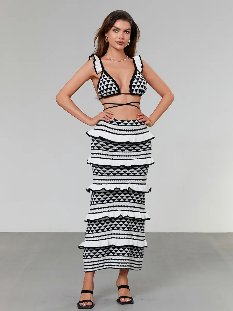 Women Y2K Knitted Two Piece Sets 2024 Summer Sleeveless Bandage Crop Tops + Ruffle Long Skirts Bohemian Club Sexy Beachwear