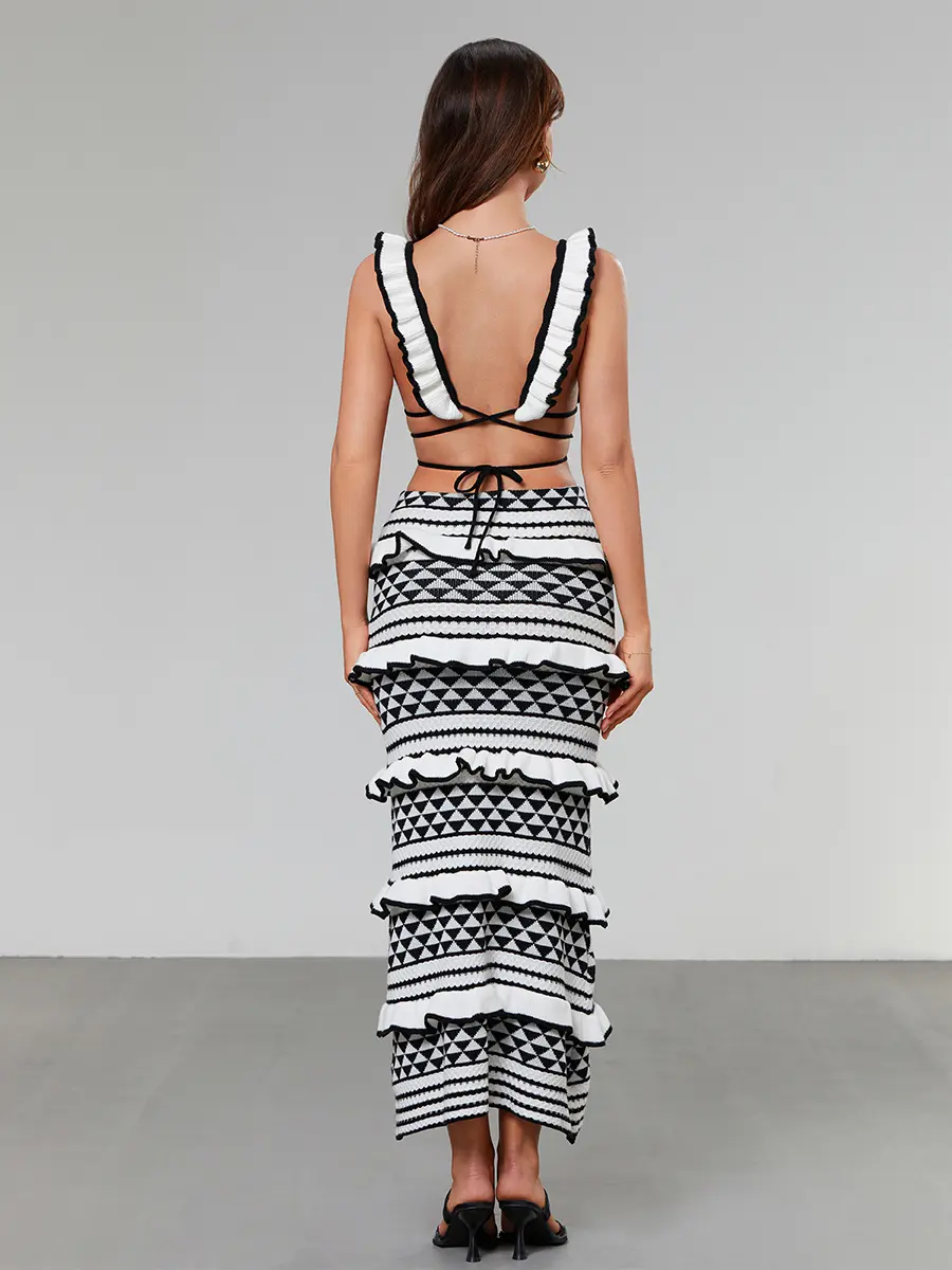 Women Y2K Knitted Two Piece Sets 2024 Summer Sleeveless Bandage Crop Tops + Ruffle Long Skirts Bohemian Club Sexy Beachwear