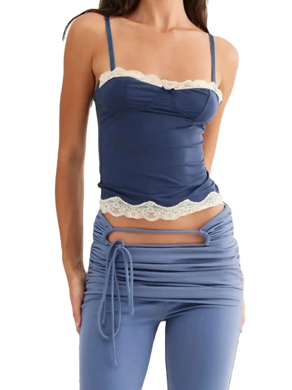 Women Cami Tops Lace Trim Corset Tank Tops Spaghetti Strap Slim Fit Crop Top Summer Casual Retro Elegant Chic Vest Shirts