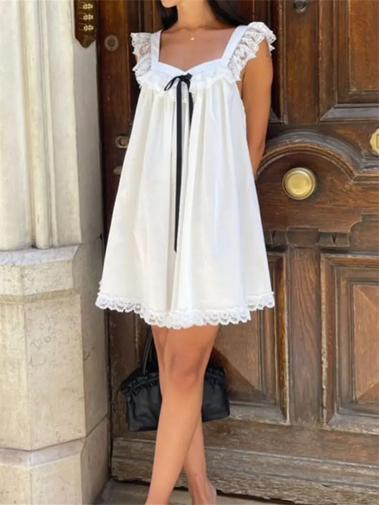 Women Mini Dress Lace Trim Fly Sleeve Bowknot Embellished Short Dress Summer Fashion Casual Dress
