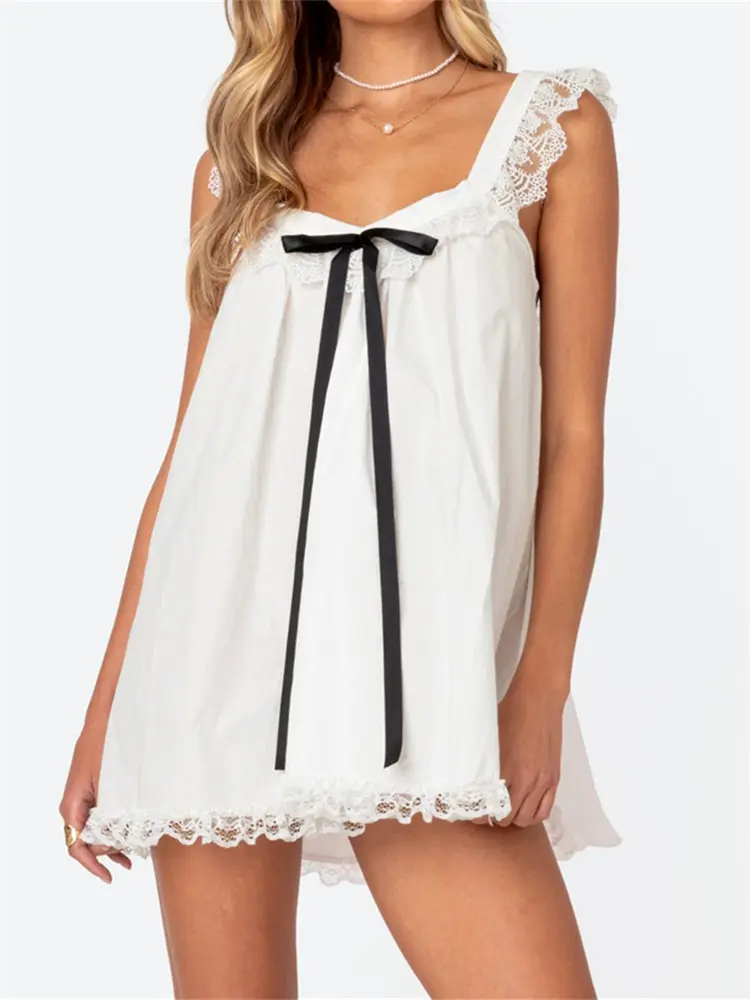 Women Mini Dress Lace Trim Fly Sleeve Bowknot Embellished Short Dress Summer Fashion Casual Dress