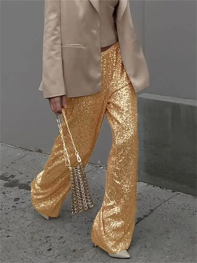 Women Sequin Wide Leg Pants Stretchy High Waist Loose Straight Trousers Club Party Elegant Long Pants Streetwear