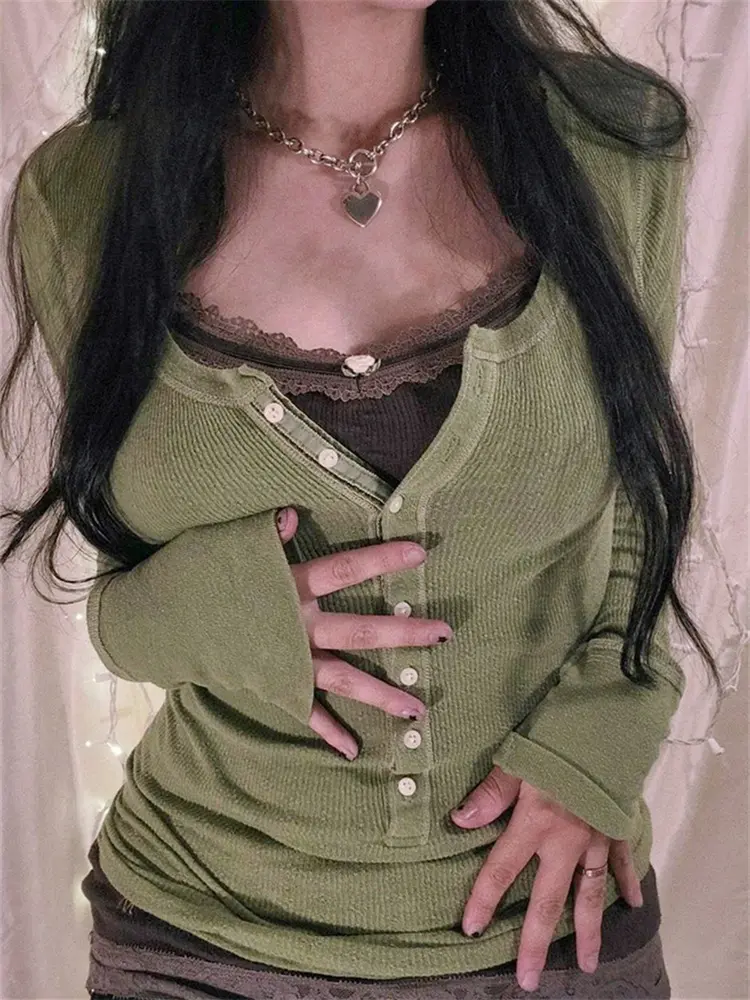 Women Autumn T-shirt Gothic Grunge Y2K Aesthetic Clothes Long Sleeve Button Down Slim Fit Tops Fashion Casual Shirts Female